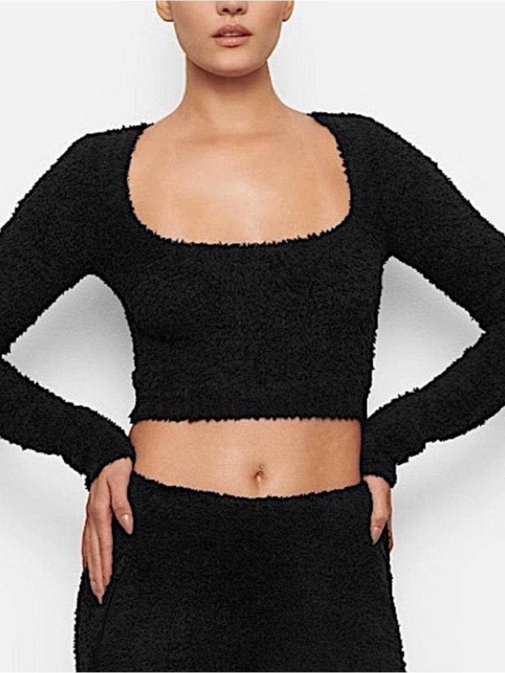 SKIMS Black Fuzzy Square-Neck Cropped Long-Sleeve Top